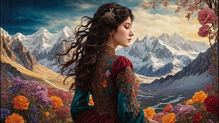 :) - art, fantast, neuroset, fantasy, girl, flower, mountain