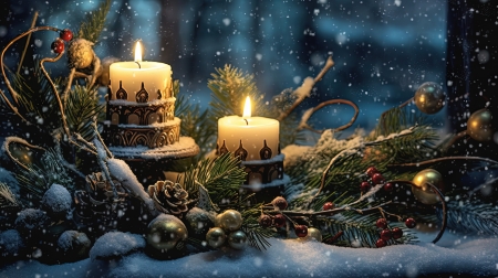 Christmas candles - berries, decoration, night, snow, winter