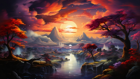 Fantasy painting - landscape, mountains, pond, shore, sunset, the sun