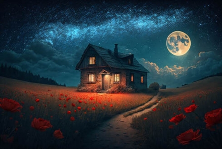 Wooden house on a poppy field - light, meadow, moon, window