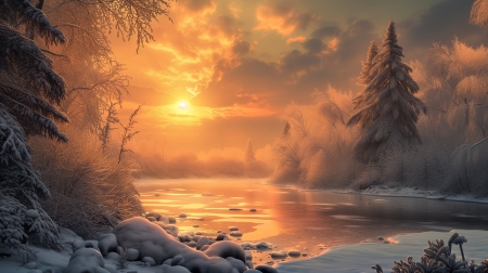 *Sunset* - fog, river, sunset, winter