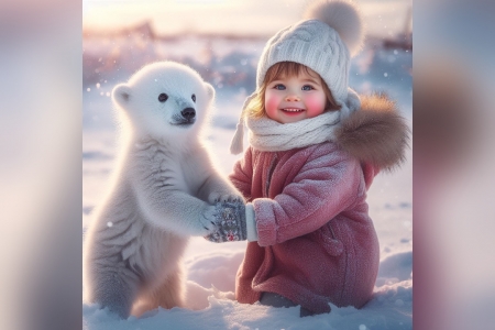 Cute friends - bear, cold, kid, snow