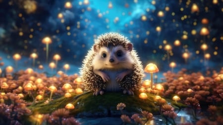 Hedgehog - fantasy, blue, hedgehog, yellow, lights, arici, art