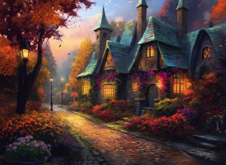 Village cottage - castle, cottage, flowers, night, street lamps