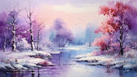 Winter landscape with frozen lake