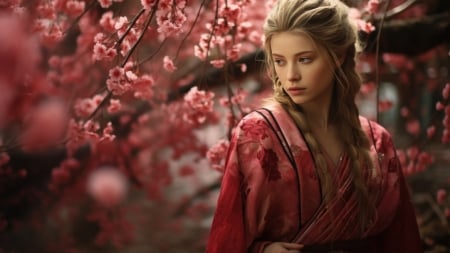 :) - sakura, red, model, woman, girl, spring, kimono, pink, blonde