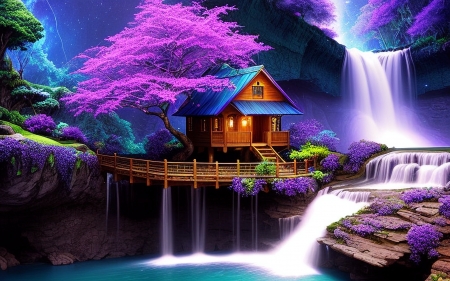 Cosmic tree house - art, cascades, digital, river, rocks, waterfall