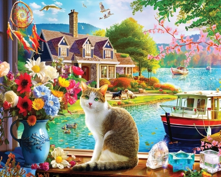 view from the window - beautiful, cats, houses, paintings