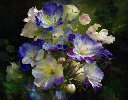 Flowers - blue, flower, art, black, pictura, painting