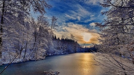 Sunrise on the rive - river, trees, sunrise, ice