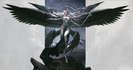 Alpha - alpha, angel, art, black, fantasy, girl, white, wings, zhichao cheng