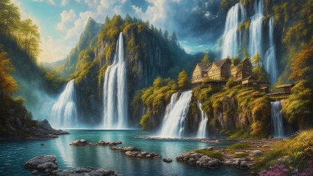 House at the falls - artwork, clouds, digital, lake, rocks, sky, waterfalls