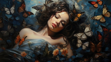 Sleeping beauty - fantasy, sleep, girl, butterfly, face, art, flower, sleeping beauty, neuroset