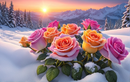 Colorful roses at sunrise - elenk szinek, erdo, fak, havas, ho, hotakaro, mely ho, napkelte, szines rozsak, tel