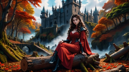 Relax - autumn, castle, fantasy, girl