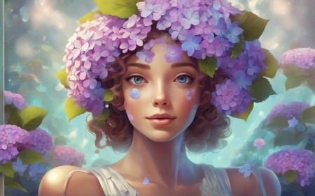Hydrangea girl - hortenzia, kek szemek, kozelkep, lany, misztikus, portre, szeplok, vilagos lila, virag