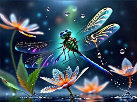 Cute fantastic dragonfly - repulo, szarnyak, szines, szitakoto, termeszet, viragok, vizcseppek