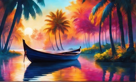 Boat on the river - csonak, elenk szinek, folyo, palmafak, szines, tajkep