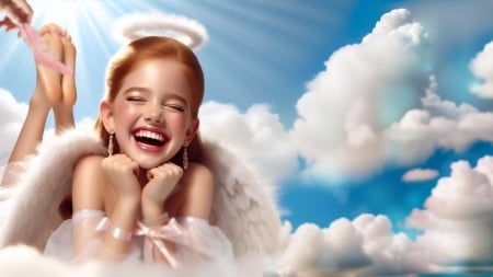 Tickled Pink - ticklish, heaven, girl, angel, beauty, feather, child, redhead, tickle, barefoot, cute, adorable, little, sky, tickling