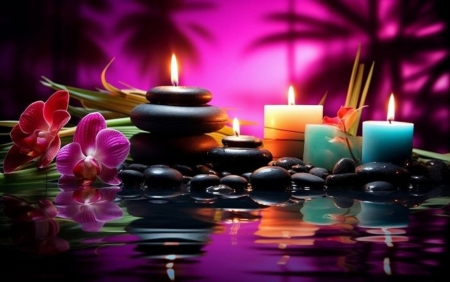 Purple orchids with candles and black stones - candles, flowers, orchids, stones