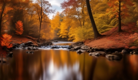 Autumn Forest - leaves, park, river, trees