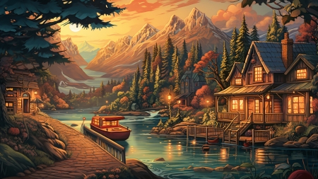House by the water - autumn, boat, house, mountains, painting, river