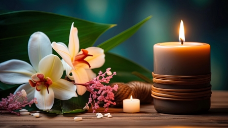 Still life with flowers - candles, flowers, orchids, relax