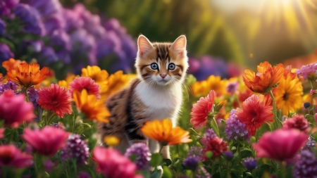 Small Cat in a beautiful flower field - novenyzet, viragmezo, termeszet, vadviragok, napfeny, kis macska, szines viragok, elenk szinek