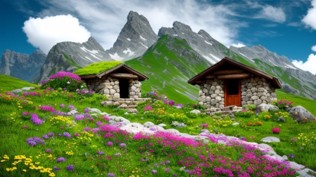 Flowers Mountain stone hut - egbolt, hegyek, hegyi, hegyi kokunyho, moha, tiszta, vadviragok, viragok