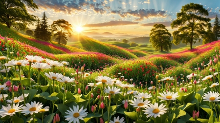 Blooming wildflower meadow - dombok, fak, napfeny, novenyzet, ret, szines viragok, tajkep, termeszet, vadviragok