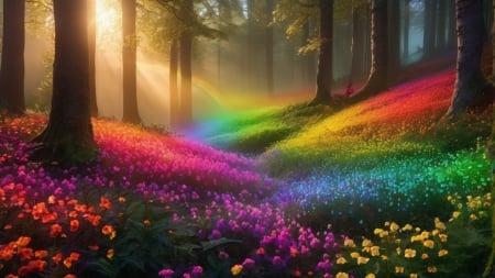 A field of flowers glowing on a rainbow in a magical forest - elenk szinu, mezo, fak, szivarvanyos, erdo, kod, varazslatos, szines viragok