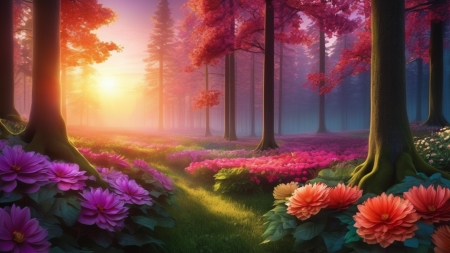 Stunning colorful forest landscape with flowers - elenk szinek, erdo, fak, napfeny, napnyugta, szines tajkep, szines viragok, viragmezo, viragok