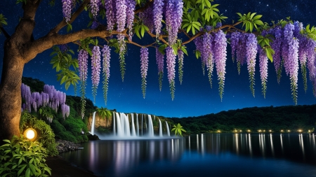 Purple acacia by the lake - ejszaka, erdei vizeses, lila akac, lila virag, nagy to, szirmok, wisteria fa