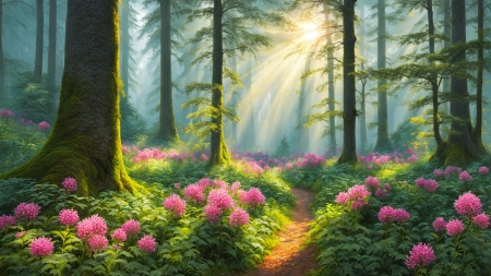 A forest with pink flowers - erdei ut, erdo, fak, napsugarak, novenyek, osveny, rozsaszin viragok, termeszet, ut