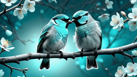 Two birds are sitting on a branch - akvamarin, faag, feher viragok, kek tapeta, ketto, madarak, sotet feher, ules