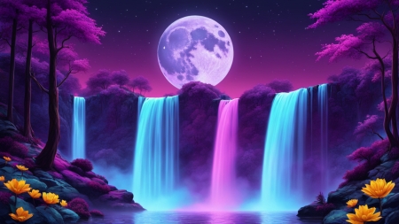 A waterfall and a moon in a purple forest - elenk neon szinek, erdei vizeses, lila erdo, lila fak, sarga viragok, telihold, vilagito arnyalatok