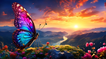 A colorful butterfly on a mountaintop in a breathtaking landscape - szines tajkep, dombok, hegyteto, naplemente, szines viragok, folyo, napsugarak, termeszet, hegyseg, szines pillango, sziklak, elenk szinek, fenyek