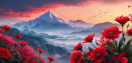 Colorful vibrant red flowers in the foreground and misty distant mountains - elenk piros viragok, kodos tavoli hegyek, novenyzet, szines egbolt, termeszet