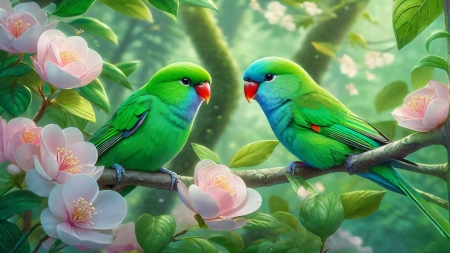 Cute love parrots - aranyos madarak, faag, papagajok, par, rozsaszin viragok, ules, zold termeszet