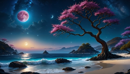Pink tree - moon, night, seashore, tree