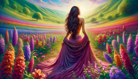 Field of colorful flowers - dombok, elenk szinek, fak, lany, lila hosszu ruha, mezo, novenyzet, ret, ruha, szines, szines taj, szines viragok, termeszet, videki taj, viragmezo, viragok