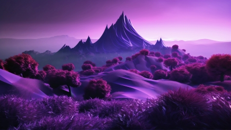 Magical and mystical landscape - art, digital, mountains, rocks, trees