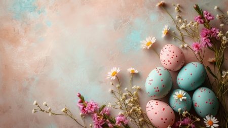 Happy Easter! - blue, card, easter, egg, flower, pink, texture