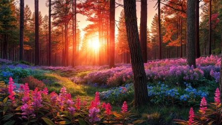 The sun is setting - art, beautiful, forest, spring, sunlight, sunset, wildflowers