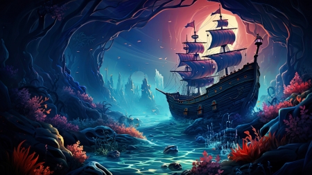 Marine Landscape With Ship - artwork, digital, moon, sailing, underwater
