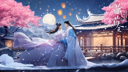 Fantasy girl - night, pink, couple, lantern, luna, lovers, moon, sakura, blue, fantasy, asian