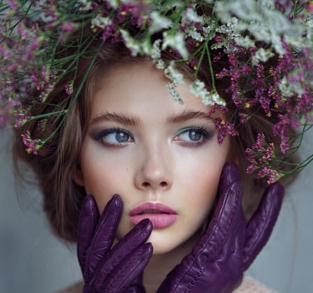 Beauty - alexey kazantsev, purple, model, woman, girl, face, glove, flower