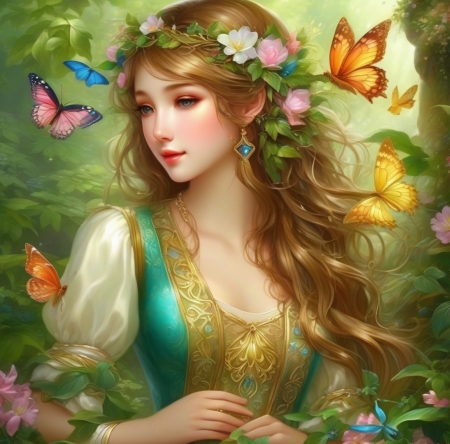 â¦ - artwork, beauty, butterflies, female, flowers