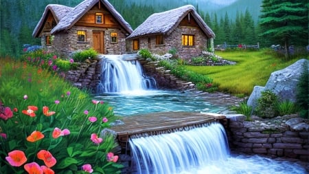 Cottage at the waterfall - cascades, house, river, flowers, digital, artwork