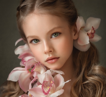 Little beauty - elena mikhailova, little girl, blonde, orchid, face, copil, flower, pink, child